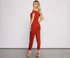 Carry On In Style Off The Shoulder Cargo Jumpsuit