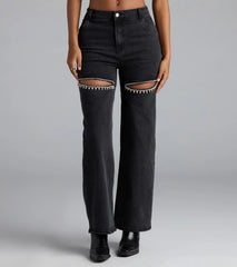 So Obsessed Rhinestone Cutout Straight Leg Denim Jeans
