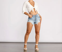 Lulu High Rise Button Denim Shorts